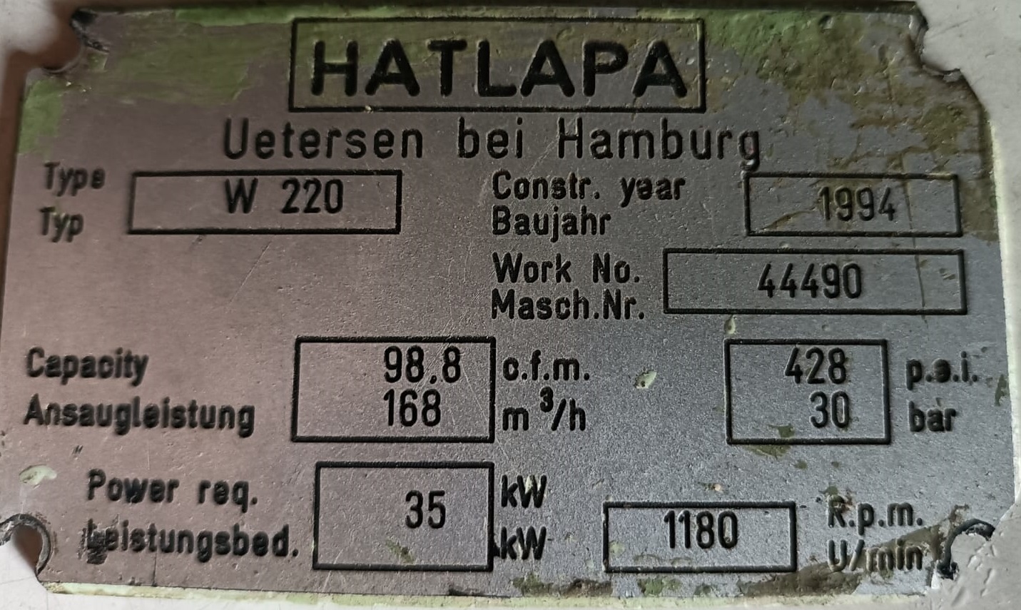 HATLAPA W220 COMPRESSOR NAME PLATE HATLAPA W220 COMPRESSOR