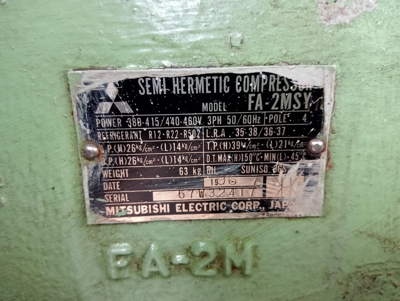 Mitsubishi FA-2MSY Semihamatic Compressor Name Plate MITSUBISHI FA-2MSY SEMI HERMETIC COMPRESSOR