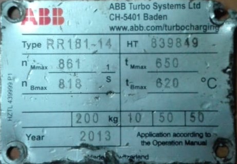 RR181-14 Turbocharger Name Plate TEMP: 620C